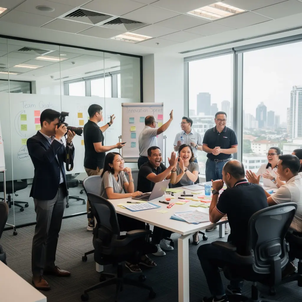 A detailed image of a photographer adjusting lighting equipment during a product photoshoot.
