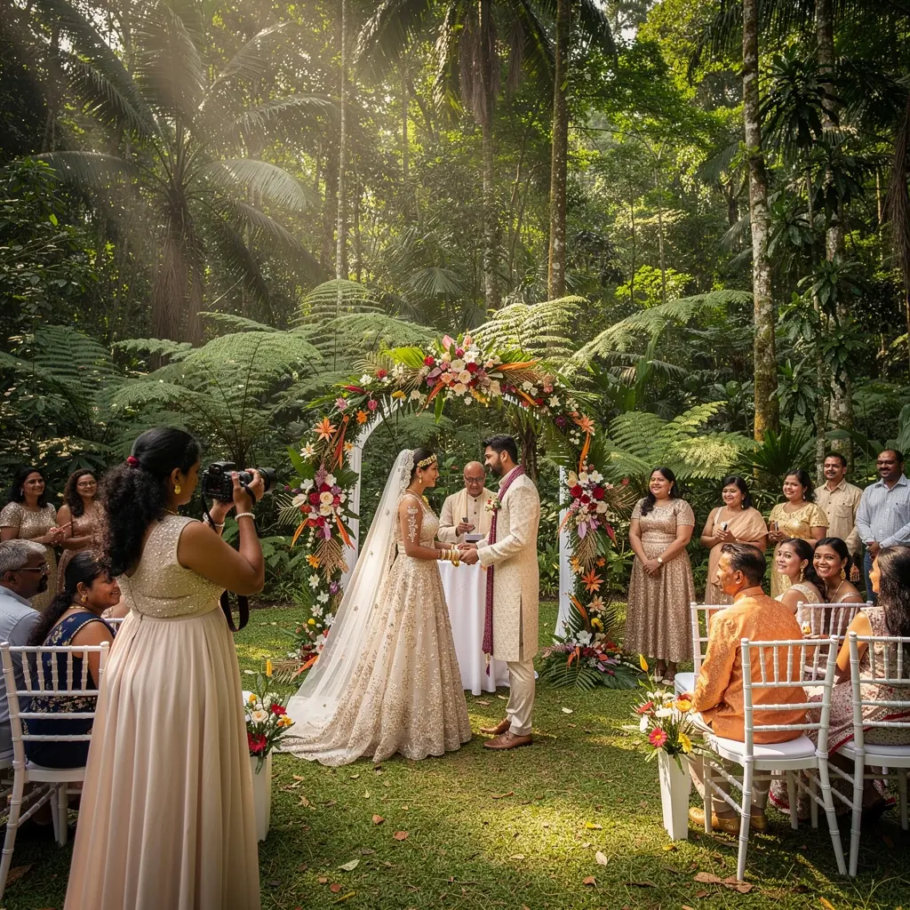 A team of professionals reviewing photography shots on a laptop during a corporate event.
