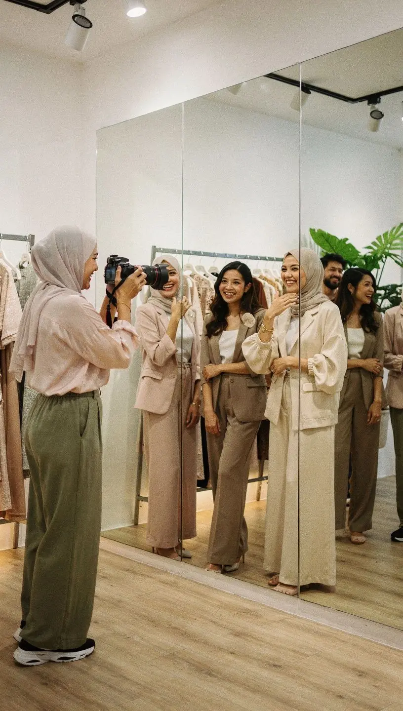 A photographer adjusting lighting equipment while preparing for a product shoot indoors.