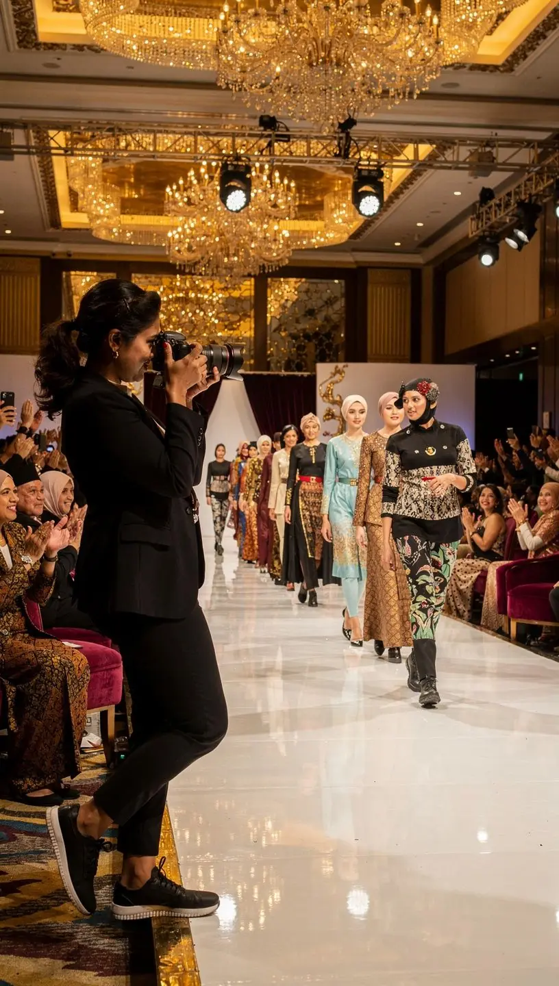 A professional photographer capturing a corporate event with attendees networking in the background.